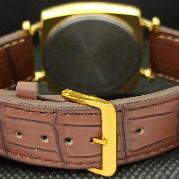 Vintage 1969 Henri Sandoz Mens Gold Watch W/Leather Strap & White Face Brown Acn - Picture 4 of 9